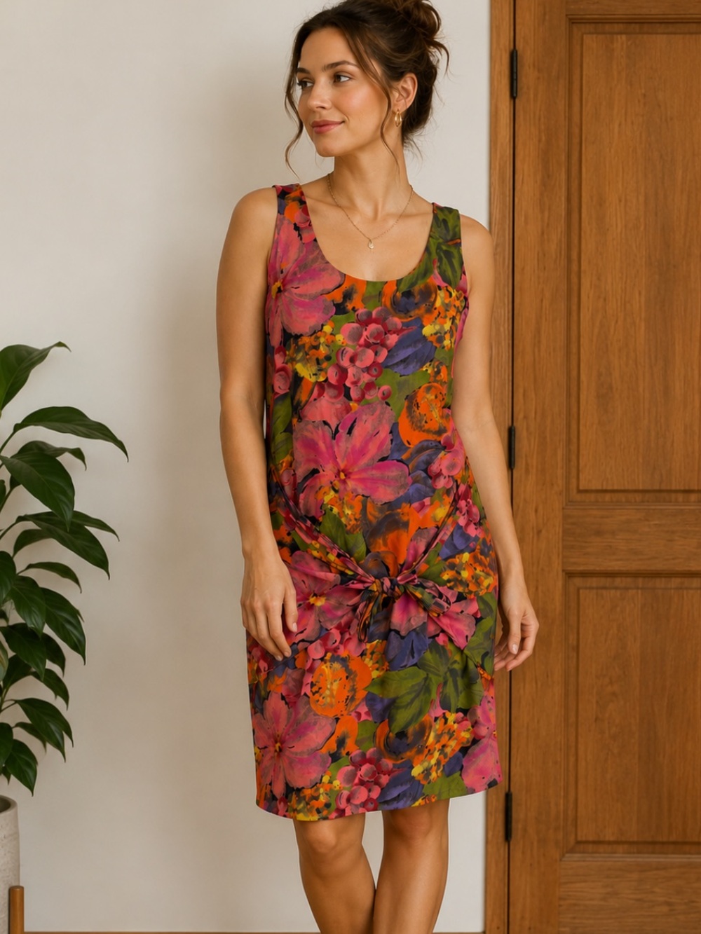 Vintage 90s By Choice Size 9 Small? Fruit Floral Print Dress Tie Side Detail